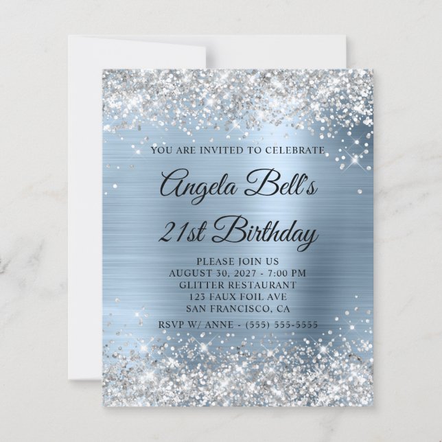 Convite de 21º Aniversário Azul Pálido Brilho Prat (Frente)