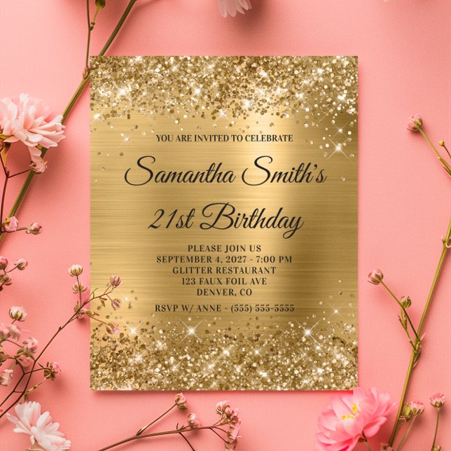 Convite de 21º Aniversário com Monograma Dourado B (Budget Glittery Gold Monogram 21st Birthday Invite)