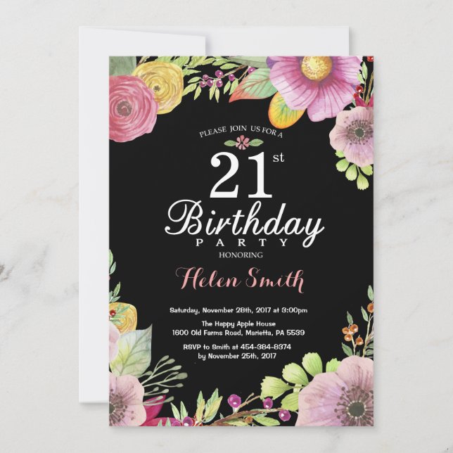 Convite de 21º Aniversário Floral para Mulheres (Frente)