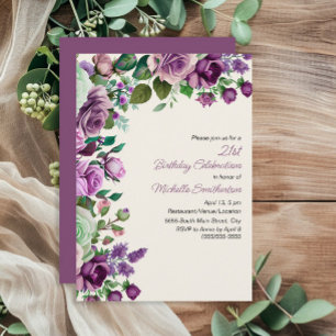 Convite de 21º Aniversário Floral Verde e Roxo Ele