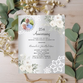 Convite de 25 de casamento para fotos de prata flo