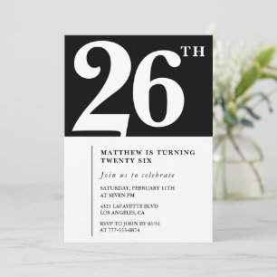 Convite de 26º aniversário preto Elegante Chique S
