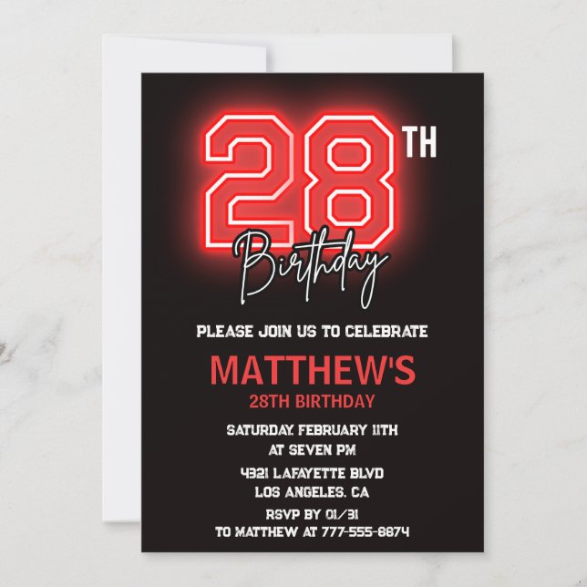 convite de 28º aniversário Neon Preto para homens (Frente)