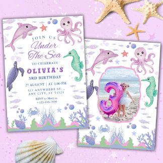 Convite de 3º Aniversário Animais Marinhos Fofos