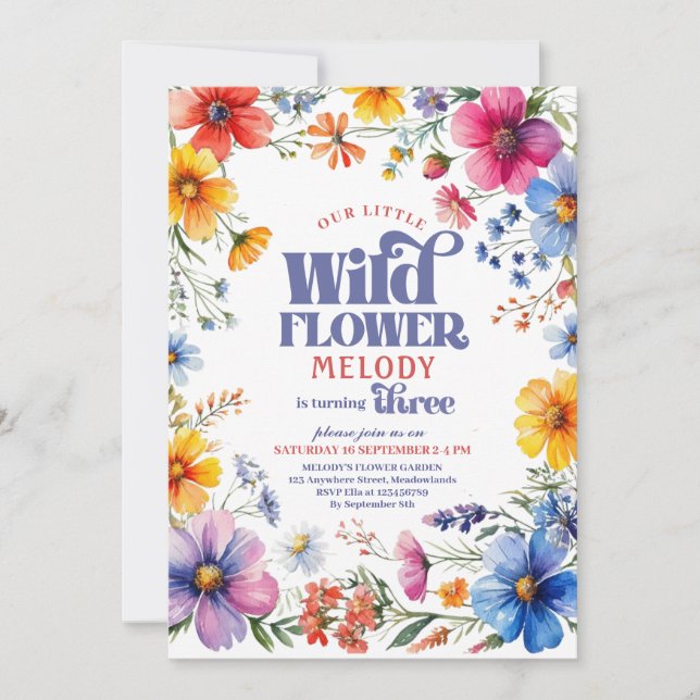 Convite de 3º aniversário da Wildflower de três an (Frente)