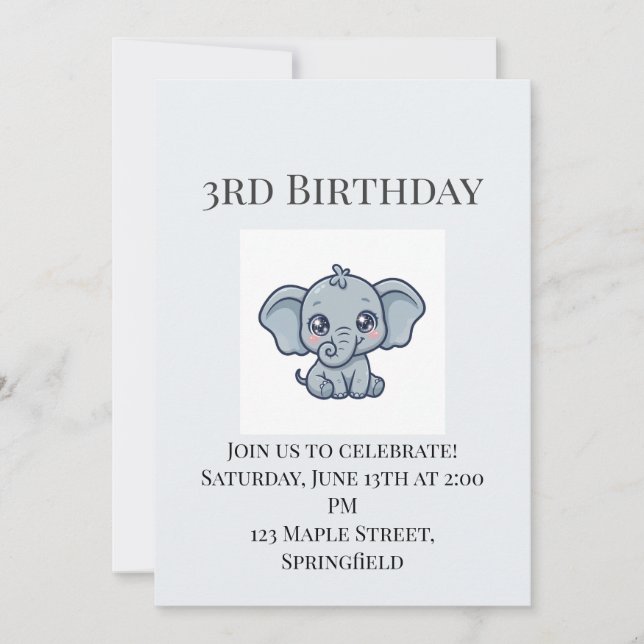 Convite de 3º Aniversário de Elefante Bebê Fofo (Frente)