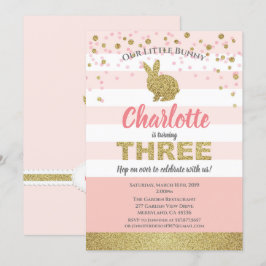 Convite de 3º aniversário de menina coelho rosa e 