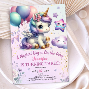 Convite de 3º Aniversário de Menina Unicórnio Roxo