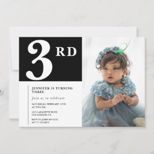 Convite de 3º aniversário elegante Preto Chique Fo