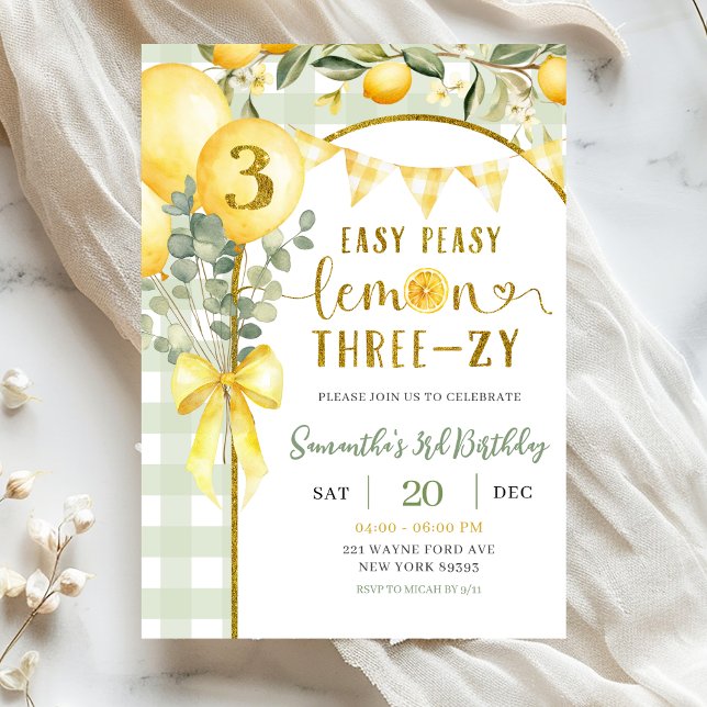 Convite de 3º aniversário em xadrez limão (Criador carregado)