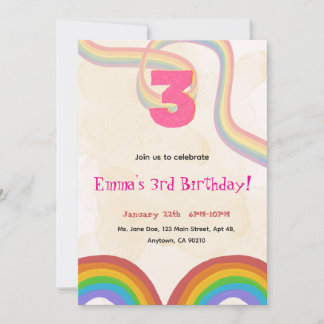 Convite de 3º Aniversário Menina Arco-íris Editáve