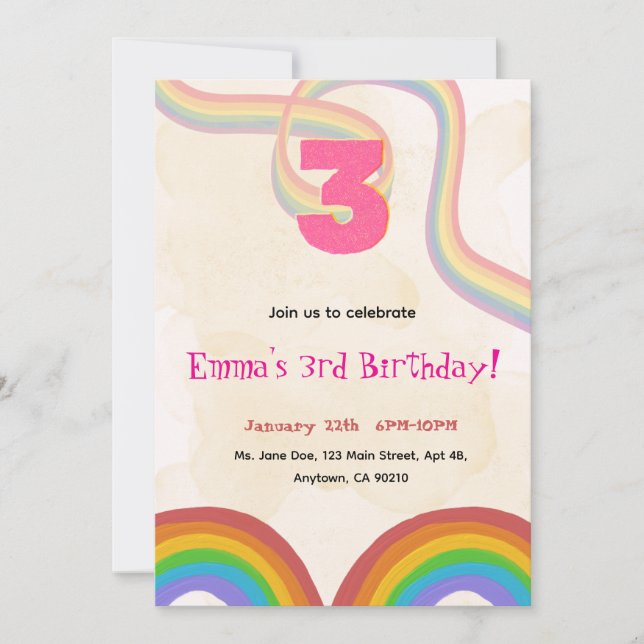 Convite de 3º Aniversário Menina Arco-íris Editáve (Frente)