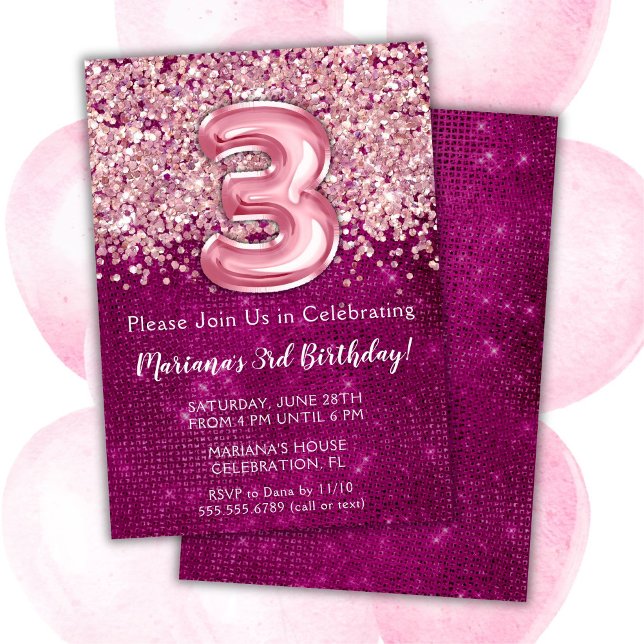 Convite de 3º Aniversário Menina Rosa Magenta Bril (Criador carregado)