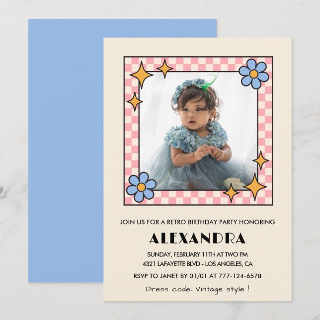 convite de 3º aniversário Retro Groovy Floral Azul (Frente/Verso)