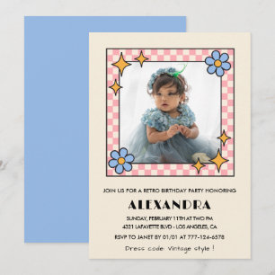 convite de 3º aniversário Retro Groovy Floral Azul