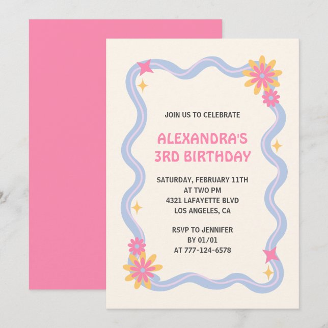 convite de 3º aniversário Retro Groovy Flores Rosa (Frente/Verso)