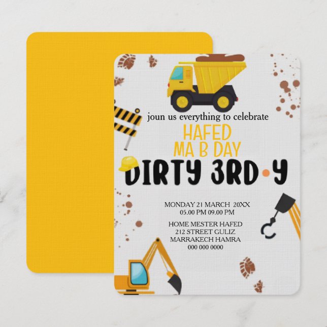 Convite de 3º aniversário sujo de construção, cami (Frente/Verso)