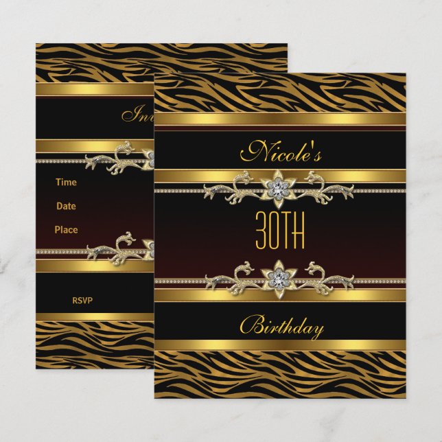 Convite de 30º Aniversário Joia Preta Elegante Dou (Frente/Verso)