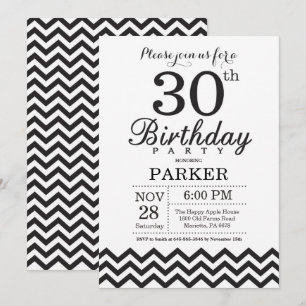 Convite de 30º Aniversário Preto e Branco Chevron