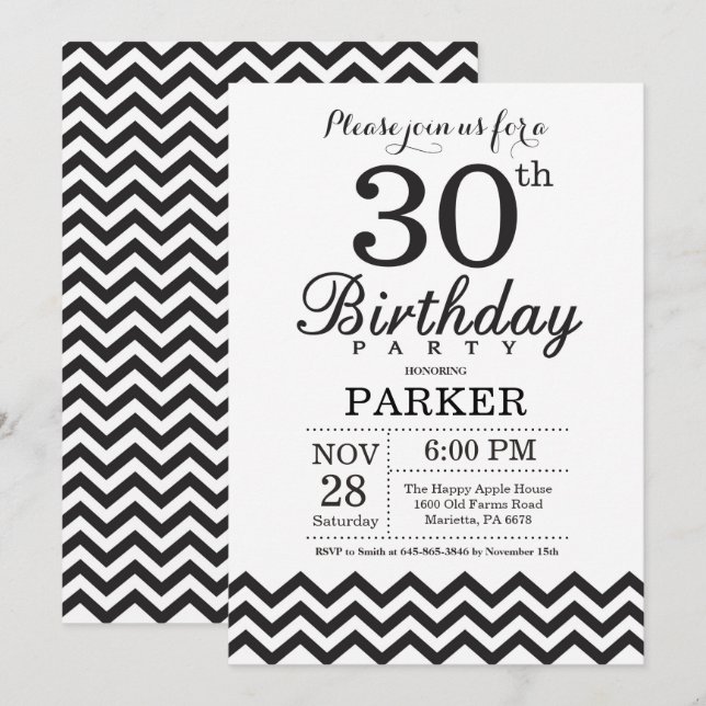 Convite de 30º Aniversário Preto e Branco Chevron (Frente/Verso)