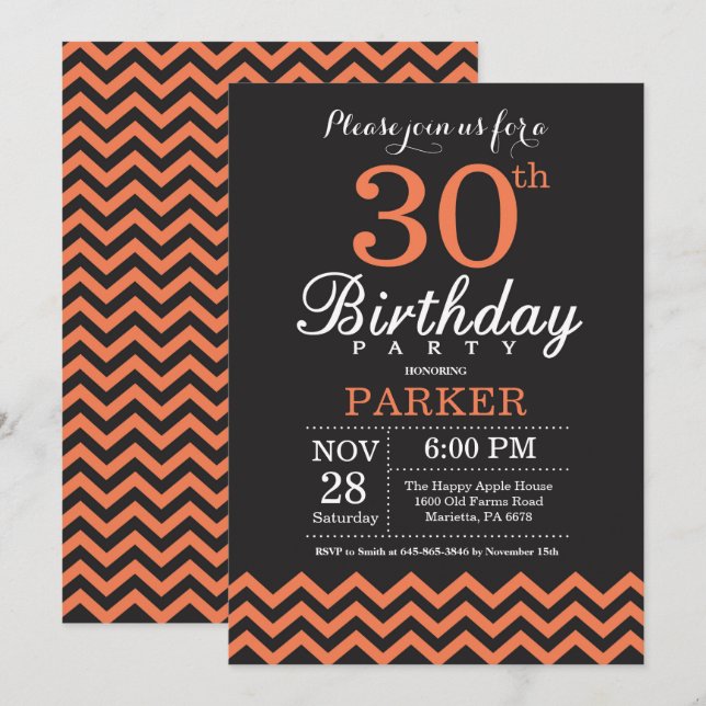 Convite de 30º Aniversário Preto e Chevron Coral (Frente/Verso)