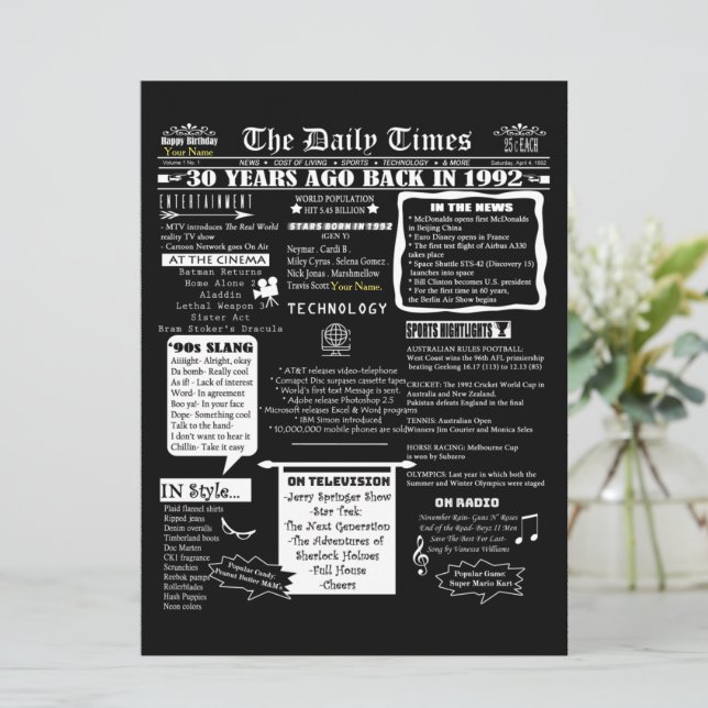 Convite de 30 Anos de Aniversário com Design Perso (Em pé/Frente)