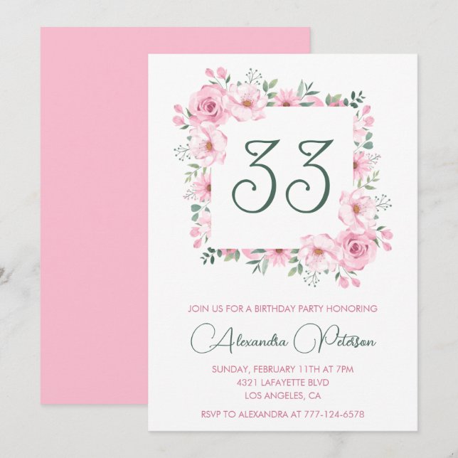 convite de 33º aniversário Boho Floral Rosa Elegan (Frente/Verso)