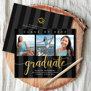 Convite de 3 fotos preto dourado orçamento para fo