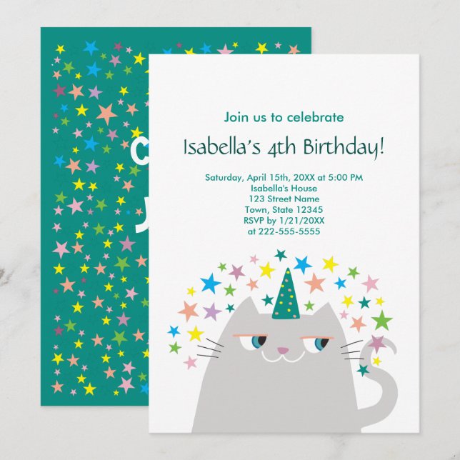 Convite de 4º Aniversário da Gatinha Festa Menina (Frente/Verso)