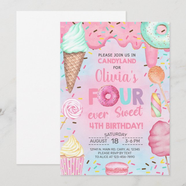 Convite de 4º aniversário da menina Four Ever Swee (Frente/Verso)