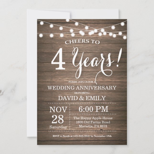Convite de 4º Aniversário de Casamento Madeira Rús (Frente)