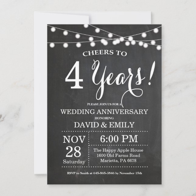 Convite de 4º Aniversário de Casamento Quadro Negr (Frente)