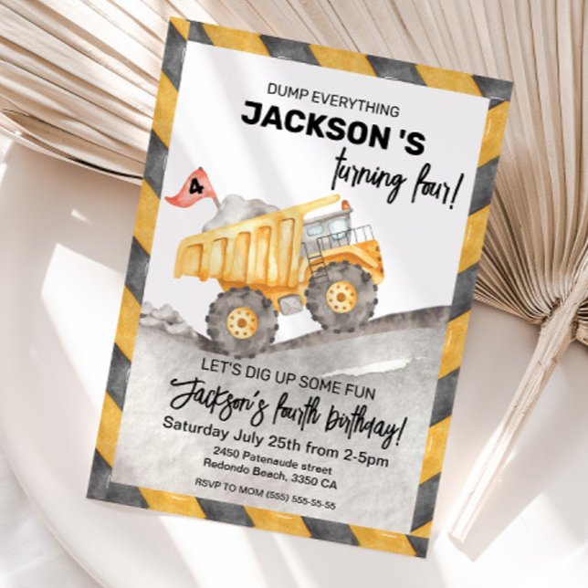 Convite de 4º Aniversário de Construção, Caminhão  (Construction 4th birthday invitation)