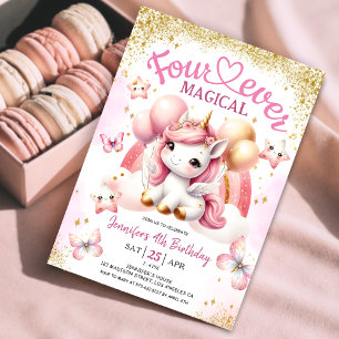 Convite de 4º Aniversário de Menina Unicórnio Rosa