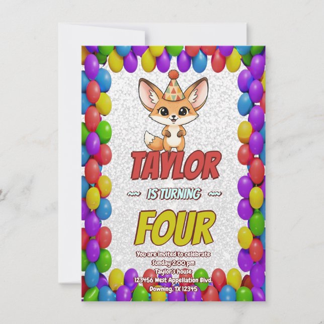 Convite de 4º Aniversário de Raposa Fennec Fofa (Frente)