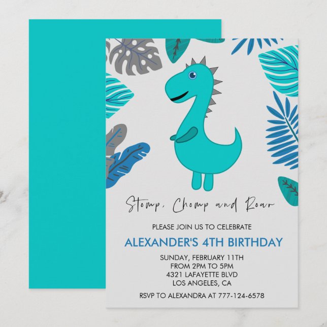 Convite de 4º aniversário do dinossauro rugido da  (Frente/Verso)