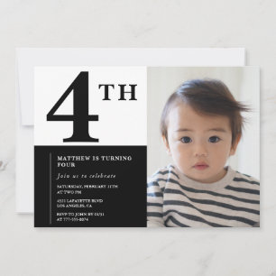 Convite de 4º aniversário elegante Preto Chique Mo