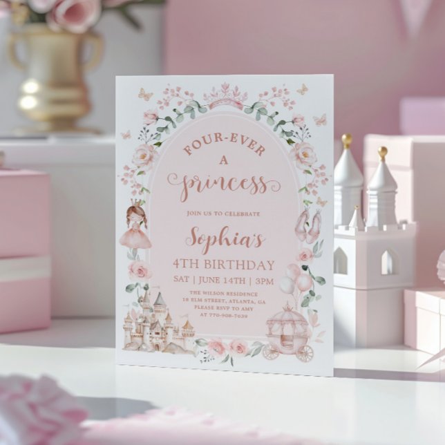 Convite de 4º Aniversário Menina Princesa Rosa Blu (Criador carregado)