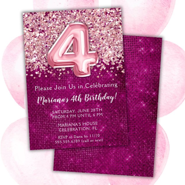 Convite de 4º Aniversário Menina Rosa Magenta Bril (Criador carregado)