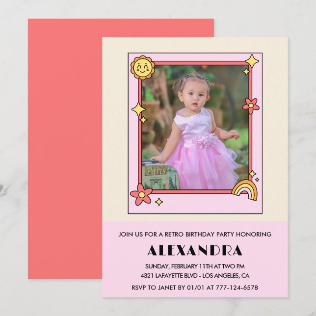 convite de 4º aniversário Retro Groovy Floral Rosa (Frente/Verso)