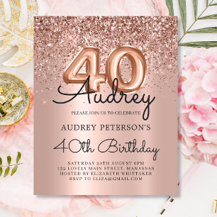 Convite de 40º Aniversário com Brilho em Rose Gold