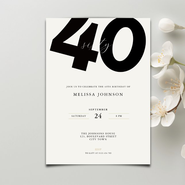 Convite de 40º Aniversário Elegante - Estilo Minim (Criador carregado)