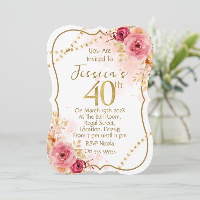 Convite de 40º Aniversário Floral (Em pé/Frente)
