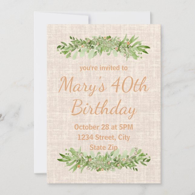 Convite de 40º Aniversário – Linen Greenery | Quar (Frente)