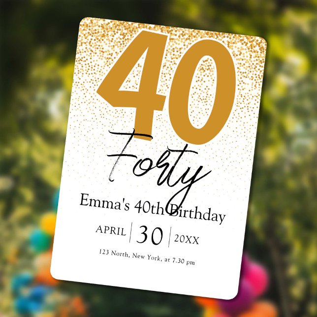 Convite de 40º aniversário manuscrito com brilho d (Gold glitter handwritten 40th birthday invitation)