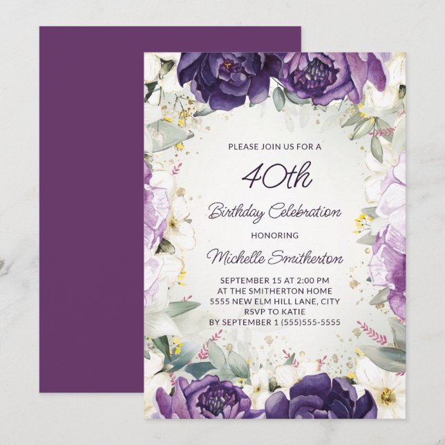 Convite de 40º Aniversário Roxo Branco Floral Eleg (Frente/Verso)