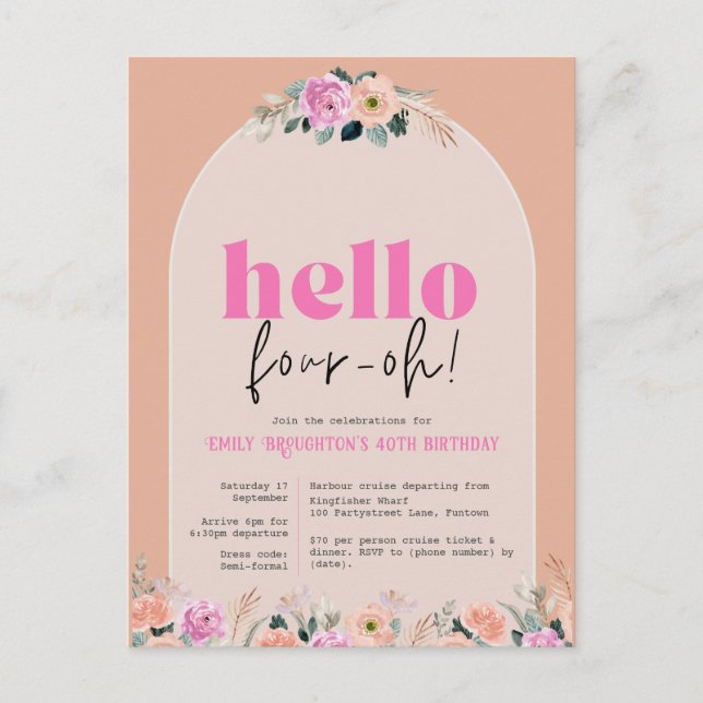 Convite de 40 anos "Dusty Rose floral hello four-o (Frente)