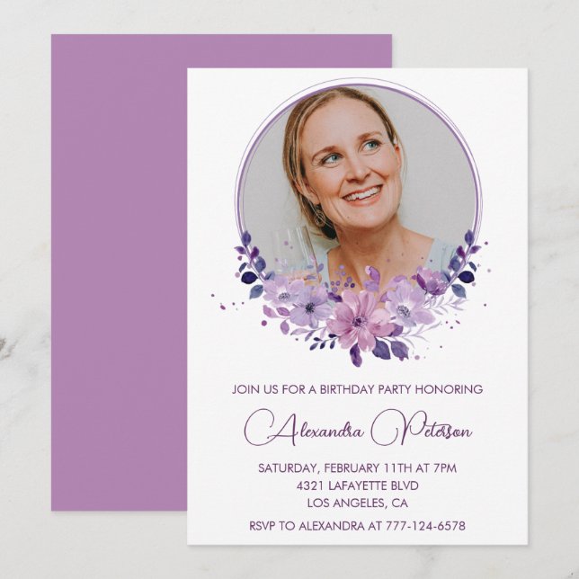 Convite de 49º aniversário Chic Photo Floral Roxo (Frente/Verso)