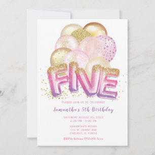 Convite de 5º Aniversário Balão Rosa Roxo Dourado