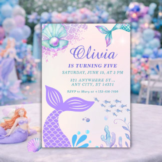 Convite de 5º Aniversário Sereia Roxa Sob o Mar